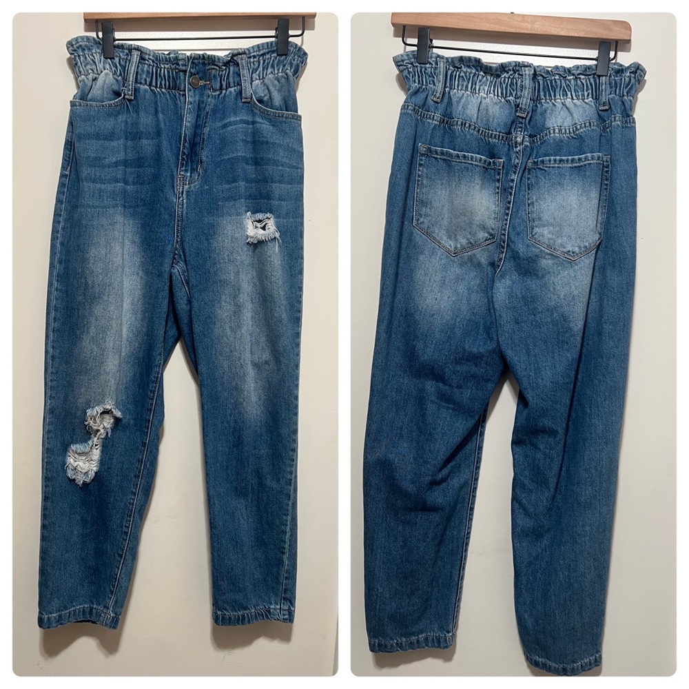 KANCAN Paperbag Waist Distressed Blue Boyfriend Jeans Size 7.